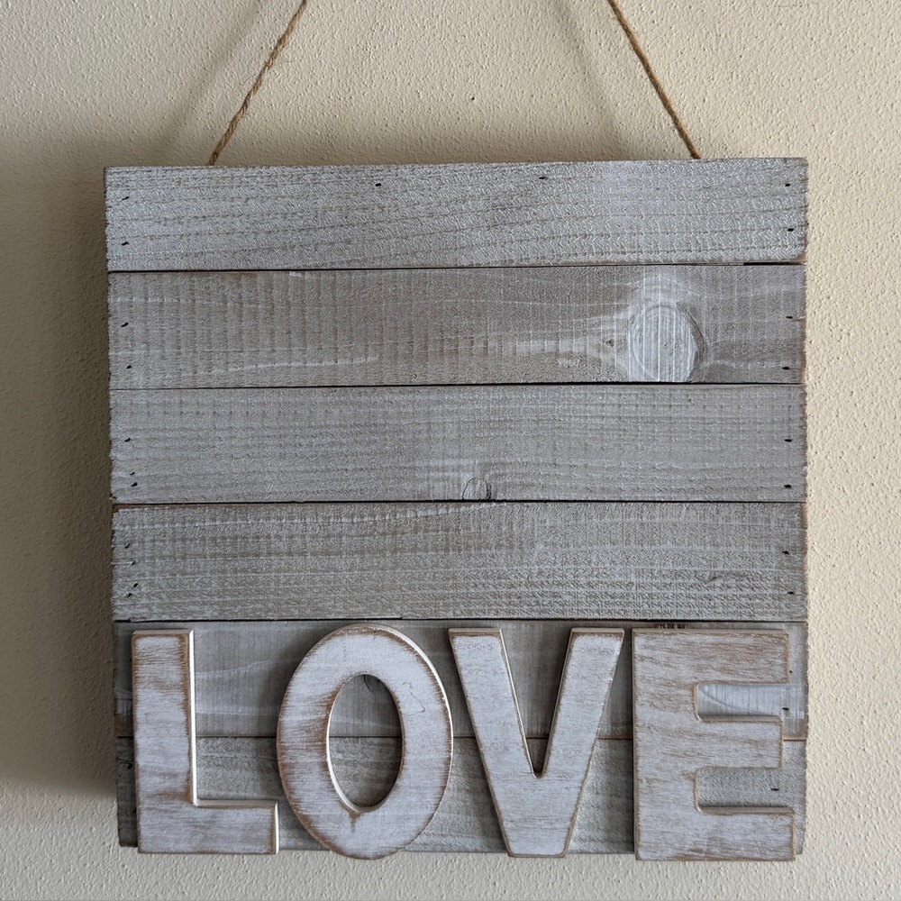 LOVE Distressed Whitewashed Wooden Planks 12”x 12”x 2” Square Wall Hanging Decor